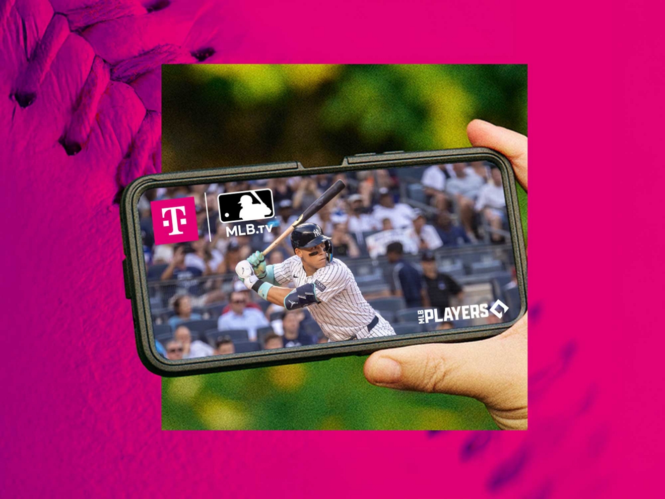 A hand holding a smartphone which displays an MLB game. 
