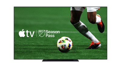An athlete kicking a soccer ball on Apple TV with MLS Season Pass.