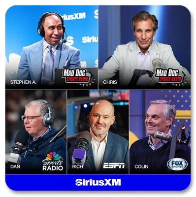 Three SiriusXM radio stations advertised in their own sections against a magenta background.