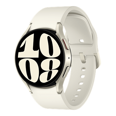 A beige watch is floating against a white background.