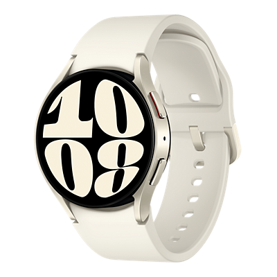 A white smart watch is floating against a white background.