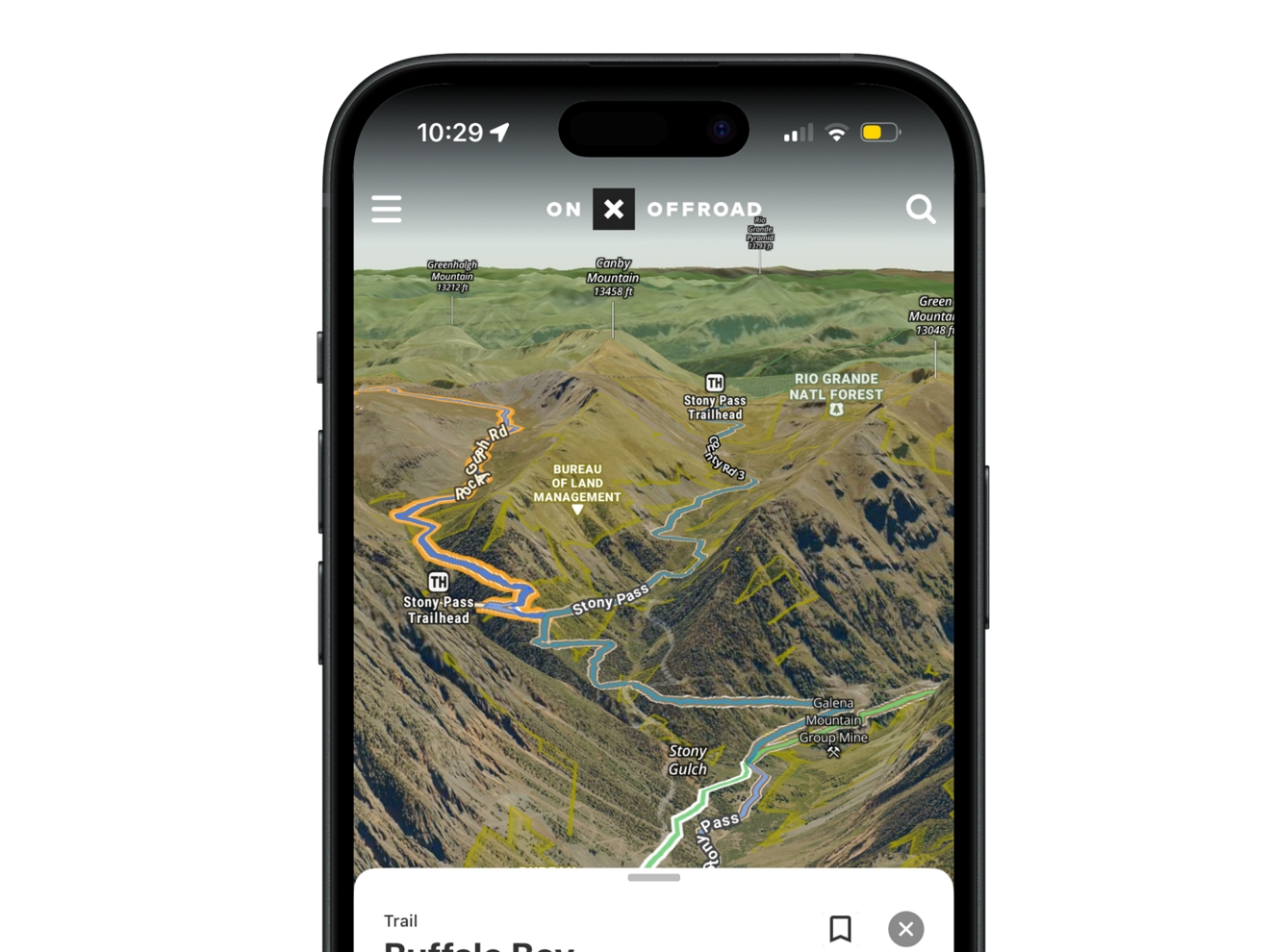 A cell phone screen showing the onX app in use.