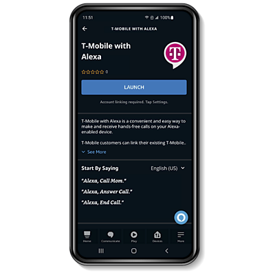 The T-Mobile Alexa skill on a smartphone screen.