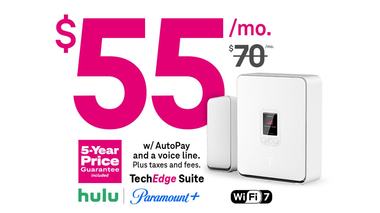 55 dollars a month. Strikethrough on 70 dollars a month. With AutoPay and a voice line. Plus taxes and fees. 5-Year Price Guarantee included. Hulu and Paramount+ included.