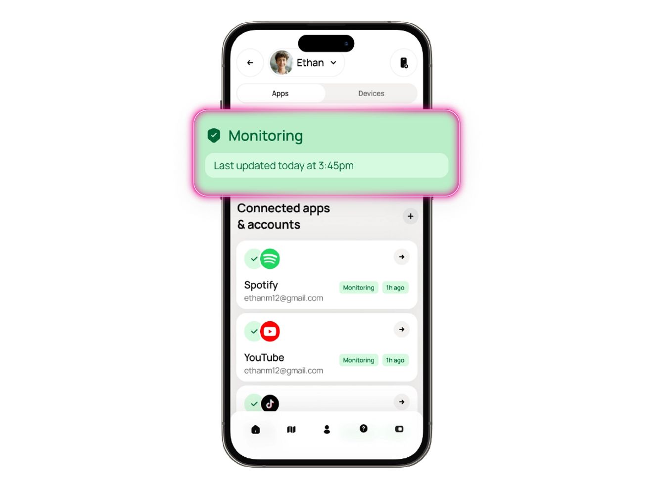 A phone interface displays a monitoring app with a magenta circular beam.