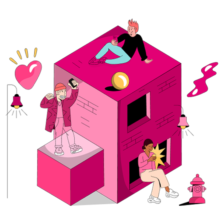 A vibrant cartoon-style illustration shows people on their phones on a city building