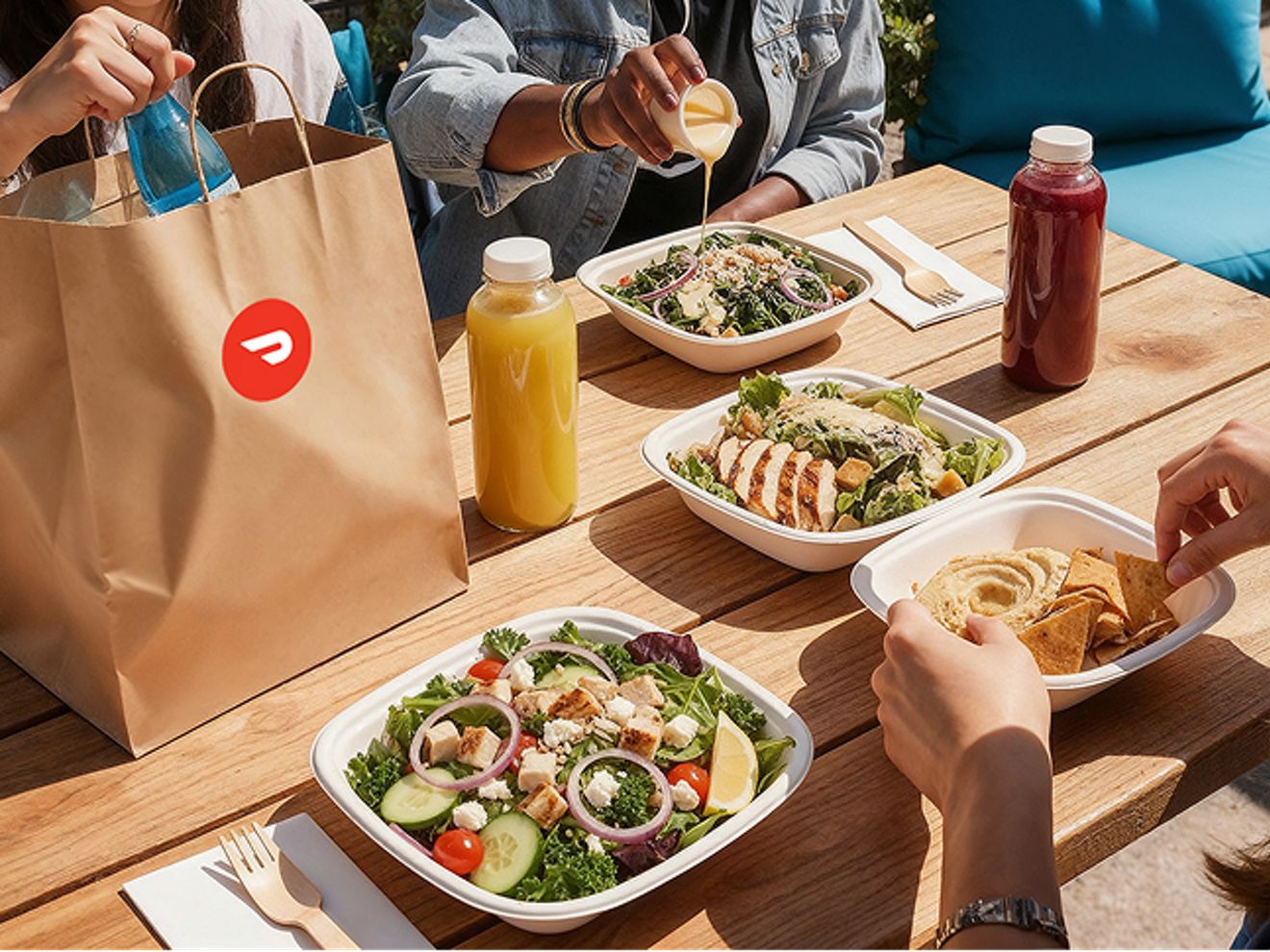 DoorDash takeout spread on an outdoor table, featuring salads, dips, bottled    drinks, and a branded delivery bag.
