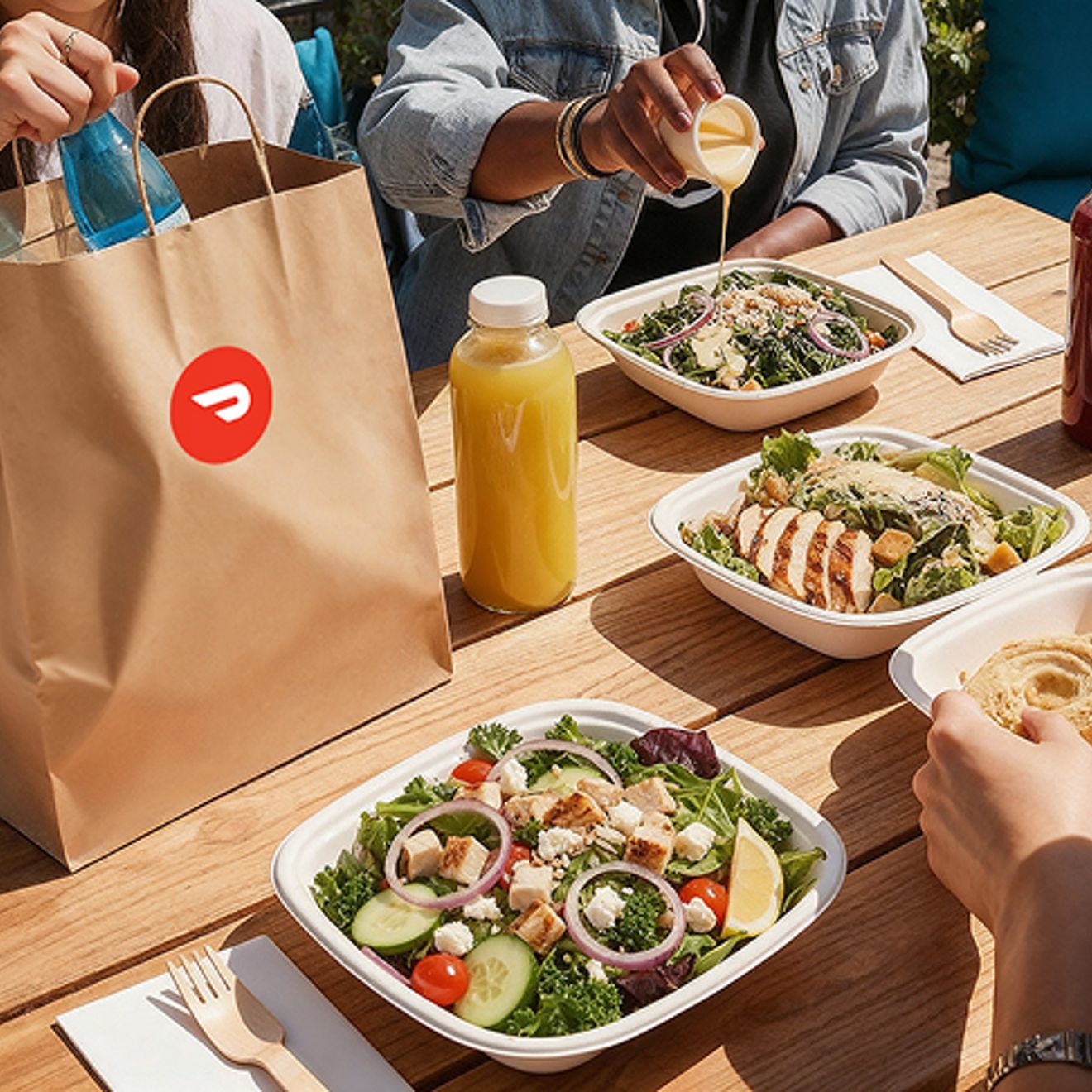 An assortment of salads and pressed juices delivered by DoorDash.