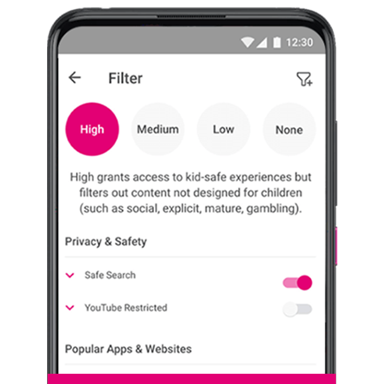 Phone screen with a “High” content filter level description and “Safe Search” toggled on