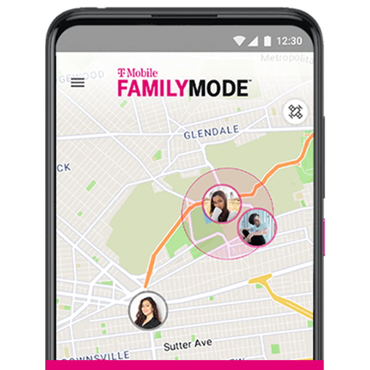 Phone screen with a map, photo bubbles show locations of three different people