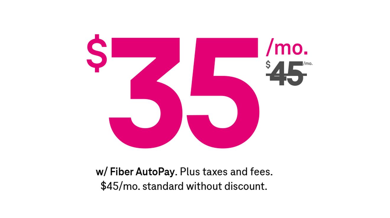 35 dollars a month with Fiber AutoPay. Plus taxes and fees. 45 dollars a month with strike through. 45 dollars a month, standard without discounts.