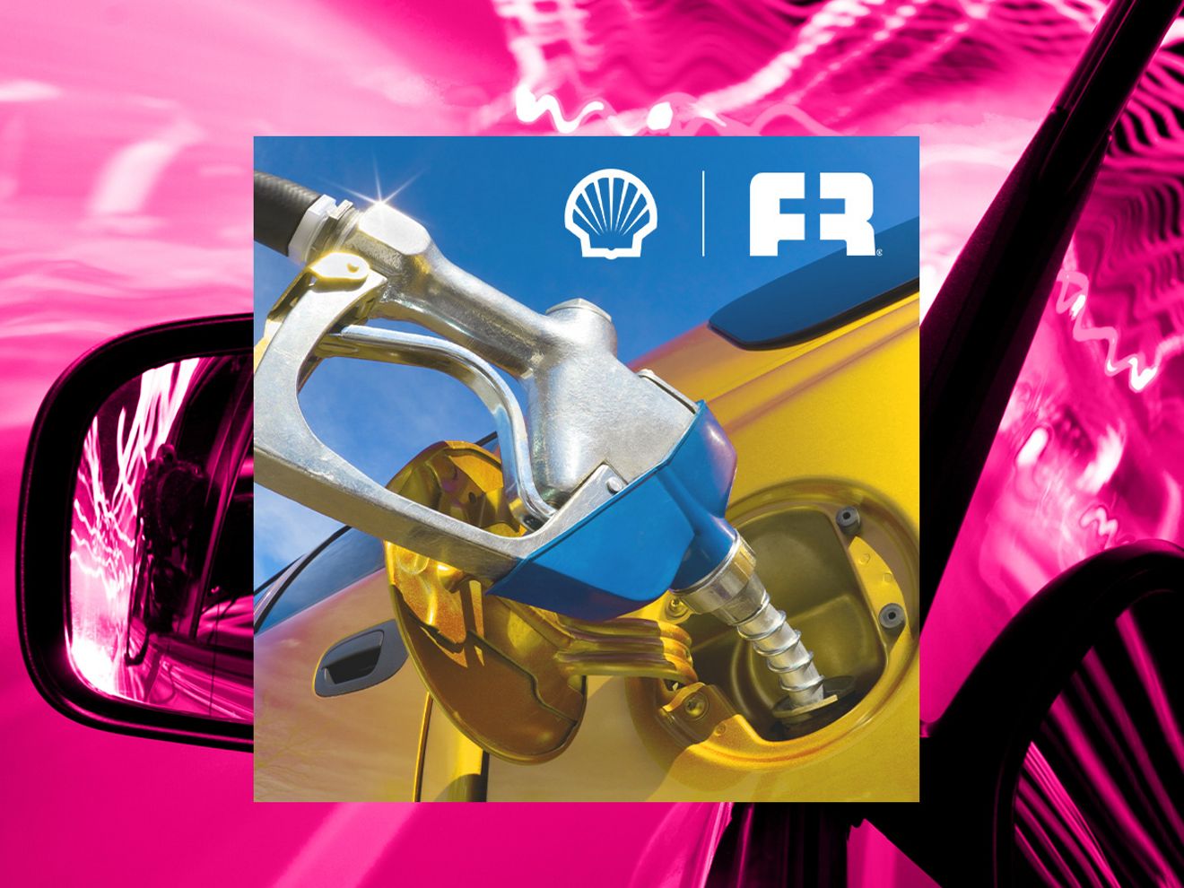Close-up of a gas pump fueling a yellow car amongst a pink abstract background.