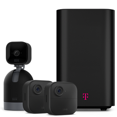 A black Blink Mini Pan-Tilt camera and two black Outdoor 4 cameras are set together against a black 5G gateway. All devices are set against a white background.