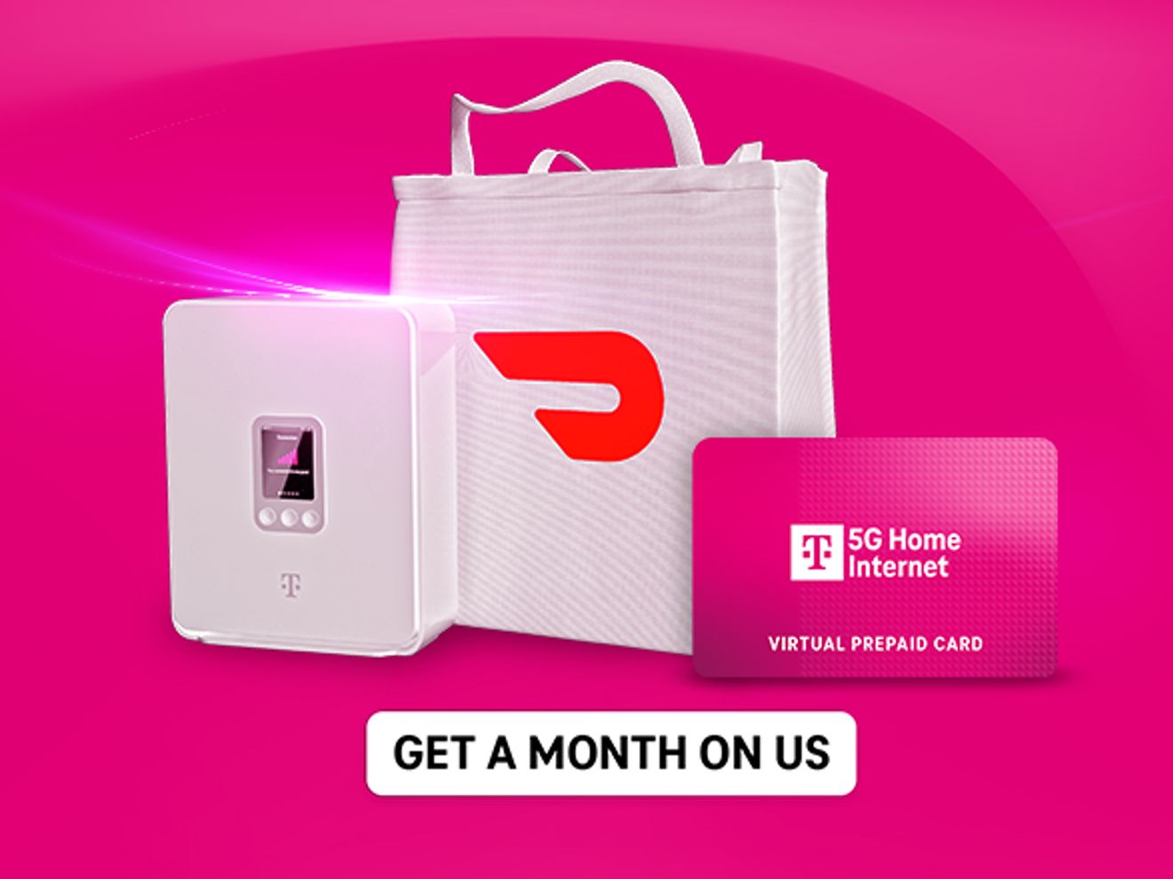 White 5G Home Internet gateway beside a DoorDash bag and magenta virtual prepaid card with a "Get a Month on Us" offer.