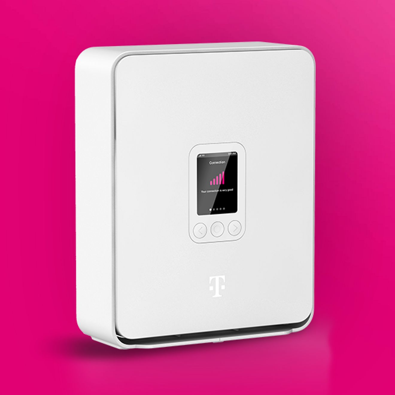  White T-Mobile home internet gateway device with a small display, shown against a bright pink background.