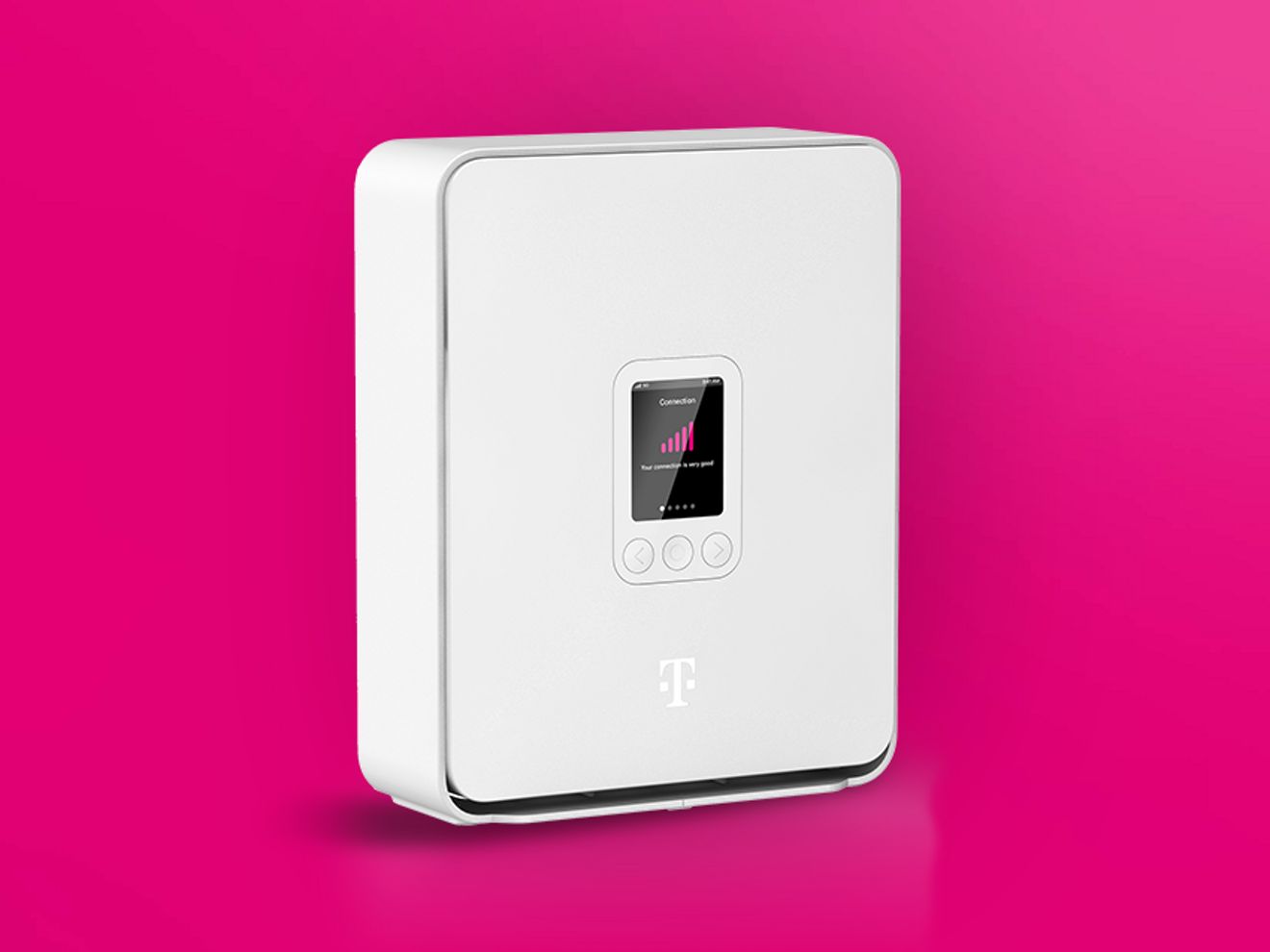 White T-Mobile home internet gateway device with a small display, shown against a bright pink background.