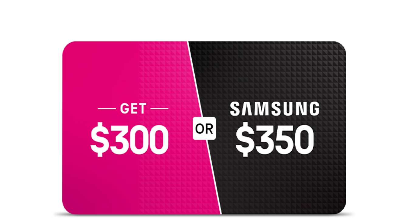 Magenta and black gift card, get up to $300 or Samsung $350