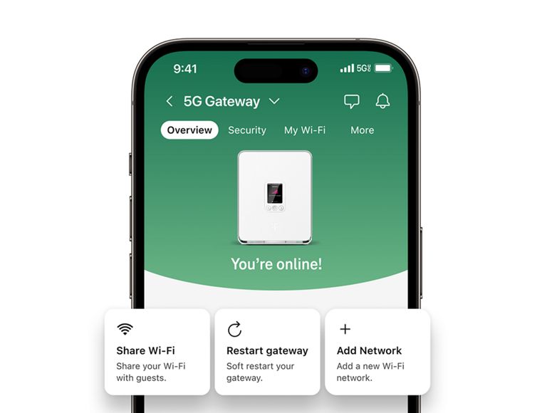 An image of a mobile phone showing the T-Life app gateway setup features. 