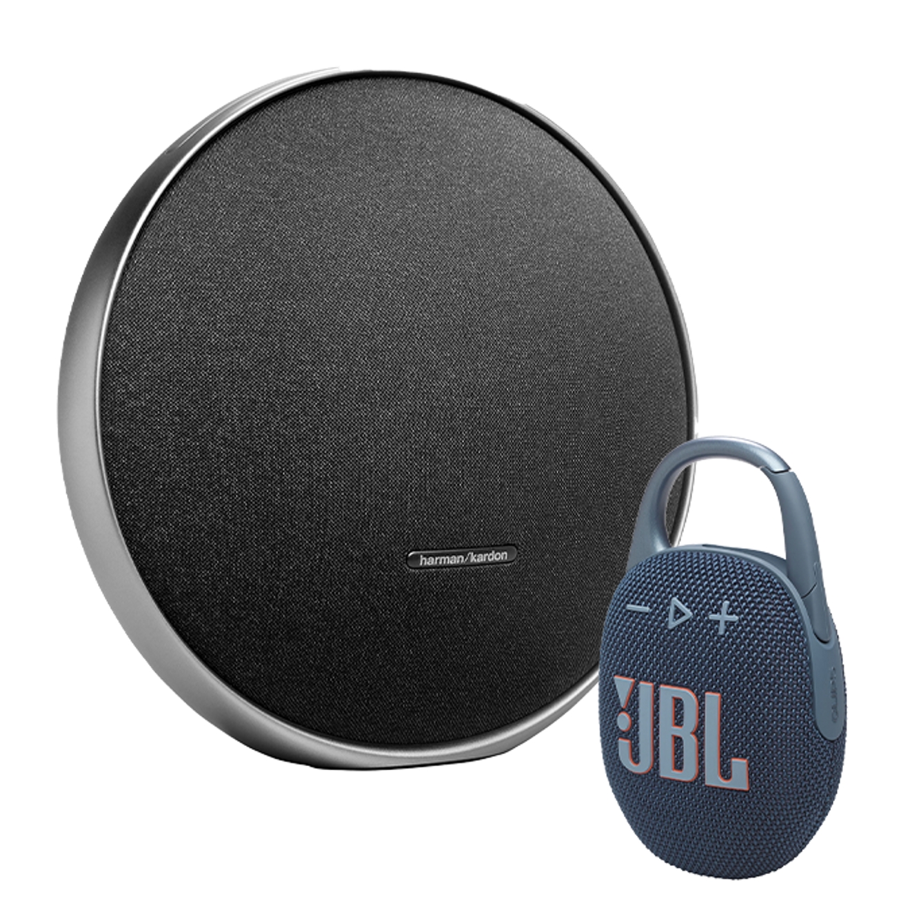 A black speaker and blue JBL clip speaker