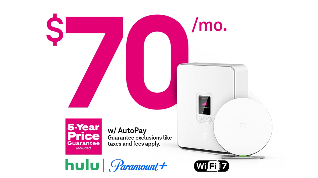 70 dollars a month with AutoPay. Plus taxes and fees. 5-Year Price Guarantee included. Wi-Fi 7 gateway. Hulu and Paramount+