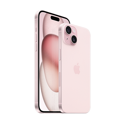 A rear view of the iPhone 15 in pink, along with a front view of the iPhone 15 Plus in pink.