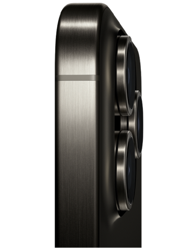 A close-up, cropped view of the upper side of the iPhone 15 Pro with titanium edge.