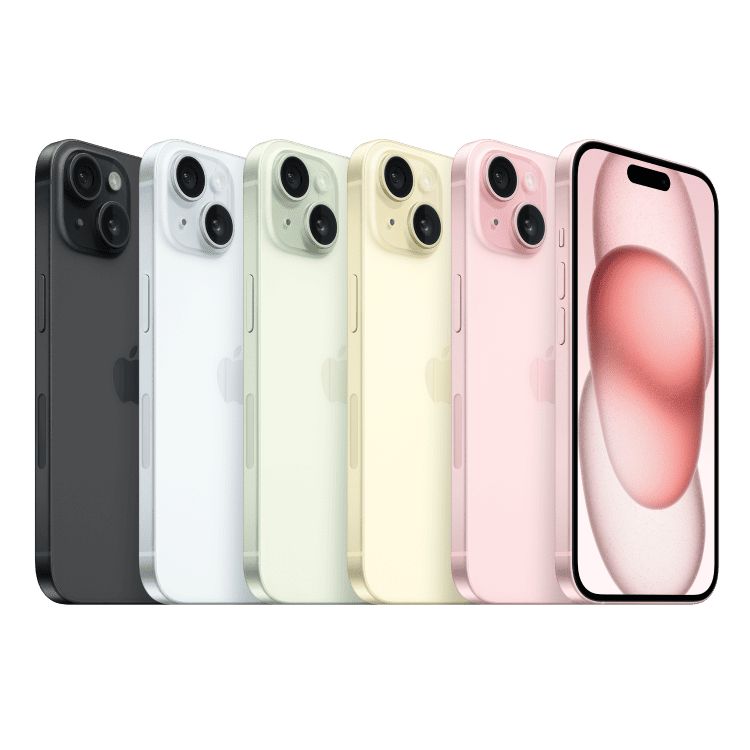 Five iPhone 15 phones lined up in different colors alongside a front view showing the display.