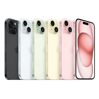 The back sides of 5 iPhone 15 devices in multiple colors and the front side of iPhone 15 in Pink.