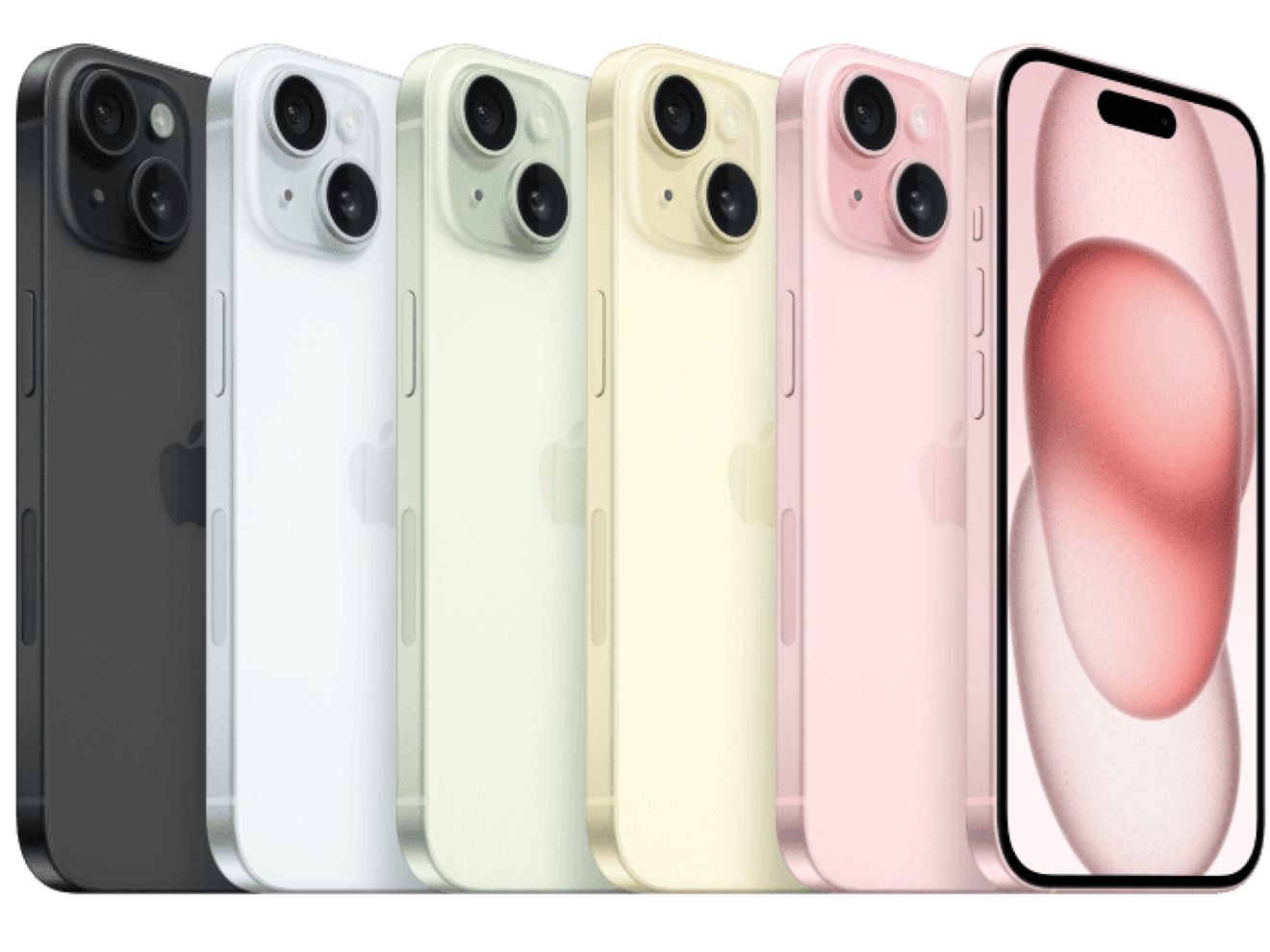 Five iPhone 15 phones lined up in different colors alongside a front view showing the display.