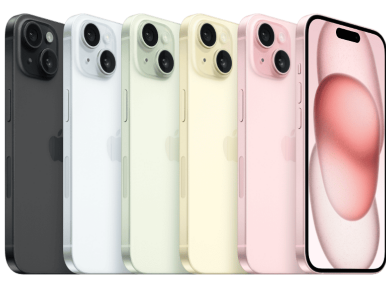 Family of colorful iPhone 15s shown.