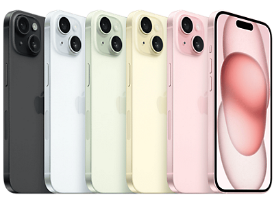 The back sides of 5 iPhone 15 devices in multiple colors and the front side of iPhone 15 in Pink.