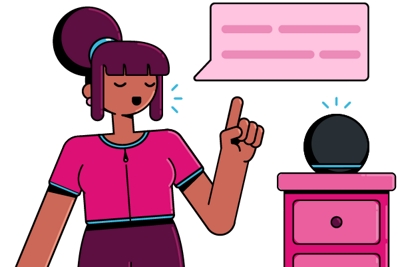 A woman speaks to her Amazon Echo device.