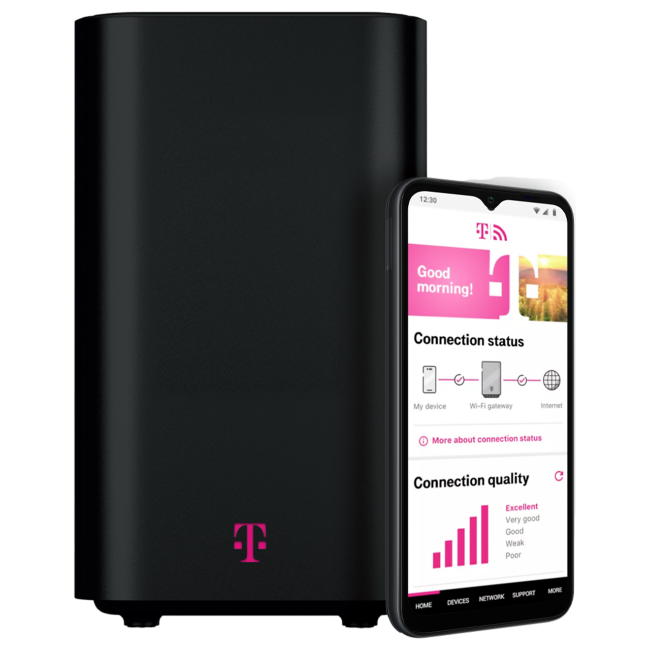 Un gateway 5G de T-Mobile negro y un teléfono celular sobre un fondo morado.