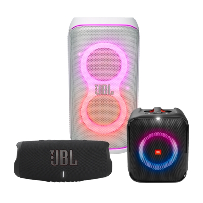 A PartyBox Encore Essential, PartyBox 120, and Charge 5 speaker.