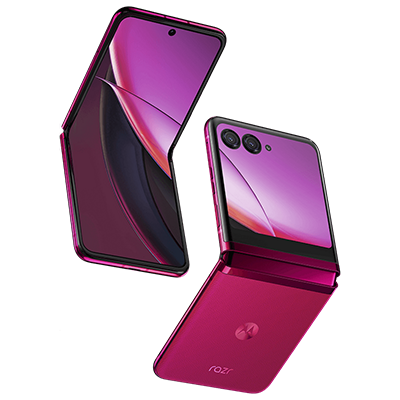 Two magenta smartphones are floating against a black background.