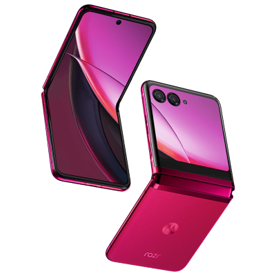 Two magenta smartphones floating against a white background.