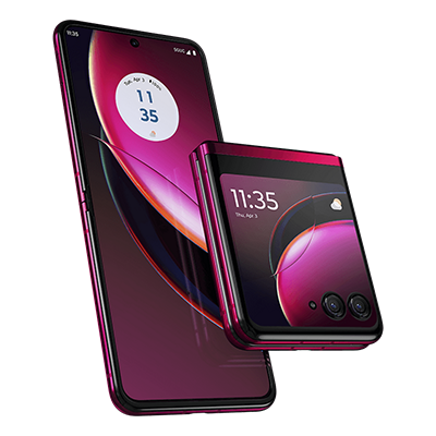 Two magenta smart phones are floating against a black and magenta gradient background.