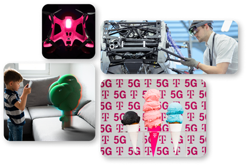 Images of a drone, a man working on equipment, a boy projecting a toy, ice cream cones over 5G logos