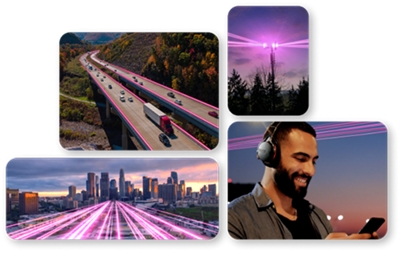Woman using VR, man in hardhat in warehouse, man in hardhat with drone, woman and child taking photo