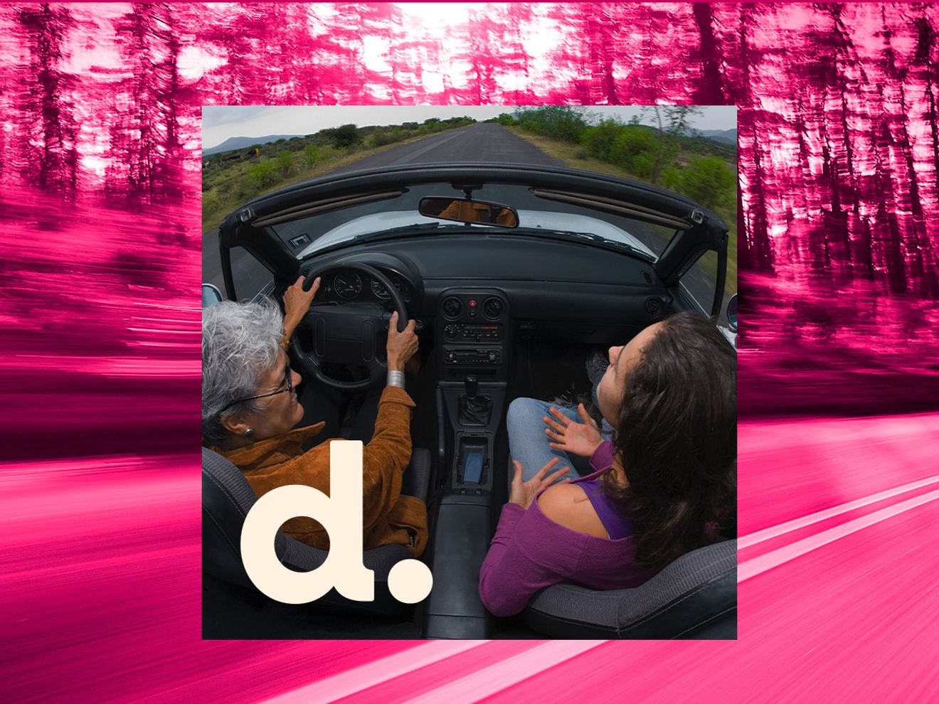 Aerial view of two friends in a car driving down a scenic road lined with trees.