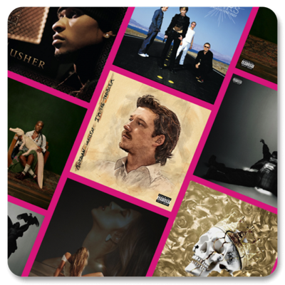Graphic displaying a collage of music album covers featuring various artists.