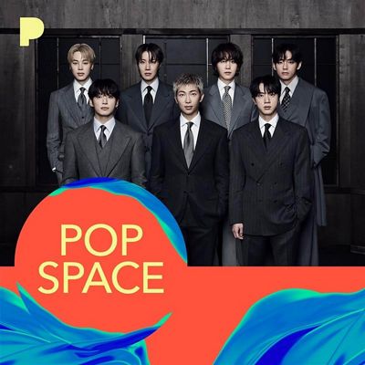 Promotional image for Pandora Premium featuring pop group artwork with 'Pop Space' graphic.