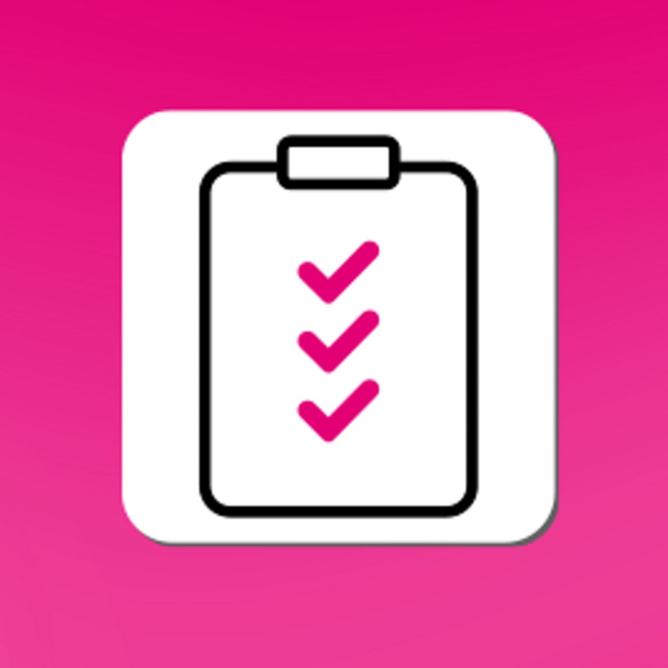 Icon of clipboard with three magenta checks down the middle.