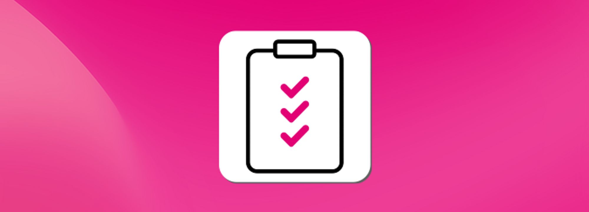 Icon of clipboard with three magenta checks down the middle.