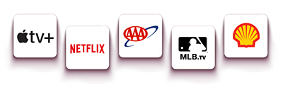 ​​​Logos for Apple TV+, Netflix, AAA, MLB.TV and Shell​​ 