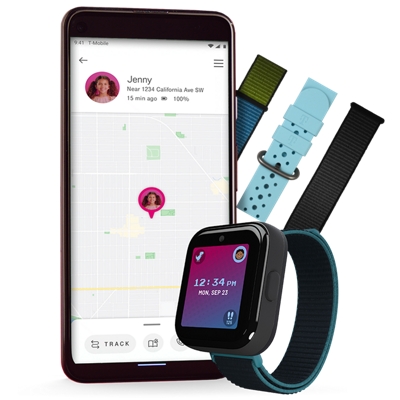 A phone with the SyncUP app, a SyncUP Watch, and 3 bands.