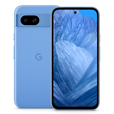 Front and back of blue Google Pixel 8a.