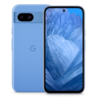 Front and back of blue Google Pixel 8a.