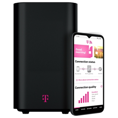 5G Home Internet gateway device and phone showing home internet installation app.