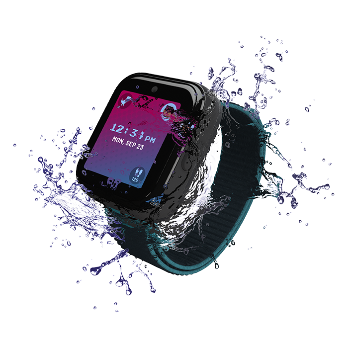 A SyncUp KIDS watch displays the date and time, with water splashing off its surface to show that it’s water-resistant. 